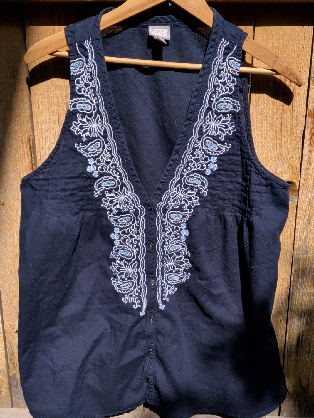 Converse Embroidered V-Neck Sleeveless Top - Navy with Light Blue Trim